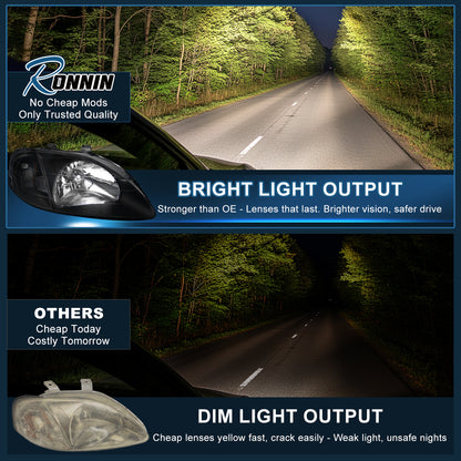 Ronnin - Compatible con Honda Civic EK 1999-2000 | Par de Conjuntos de Faros Delanteros de Repuesto | Negro