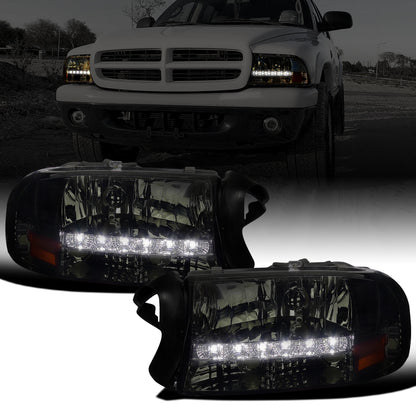 Ronnin - Fits 1997-2004 Dodge Dakota 1998-2003 Durango Upgraded Replacement LED Running Lights Headlights Assembly Pair | Smoke