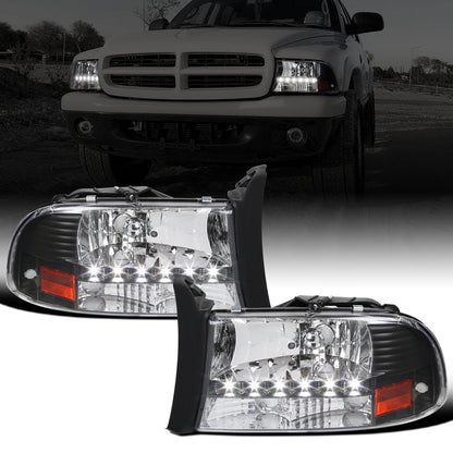 Ronnin - Fits 1997-2004 Dodge Dakota 1998-2003 Durango Upgraded Replacement LED Running Lights Headlights Assembly Pair | Black