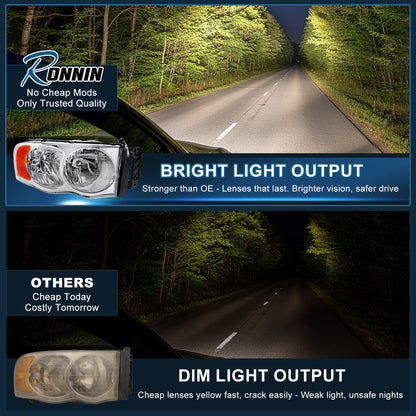 Ronnin - Fits 2002-2005 Dodge Ram 1500 2500 3500 Factory Style Replacement Headlights Assembly Pair | Chrome