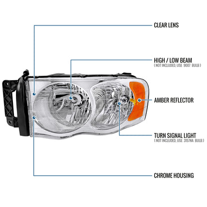 Ronnin - Fits 2002-2005 Dodge Ram 1500 2500 3500 Factory Style Replacement Headlights Assembly Pair | Chrome
