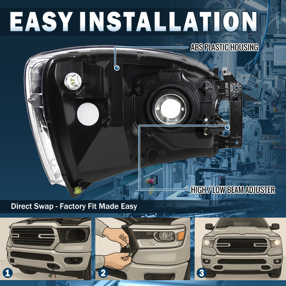 Ronnin - Compatible con Dodge Ram 1500 2500 3500 2006-2009 Par de conjuntos de faros delanteros de repuesto de fábrica | Cromados