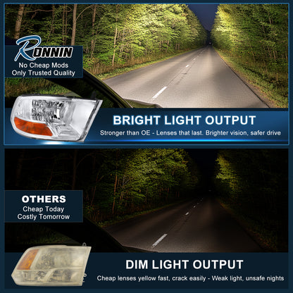 Ronnin - Fits 2009-2018 Ram 1500 2500 3500 2019-2024 Ram 1500 Classic Factory Style Replacement Dual Quad Headlights Assembly Pair | Chrome