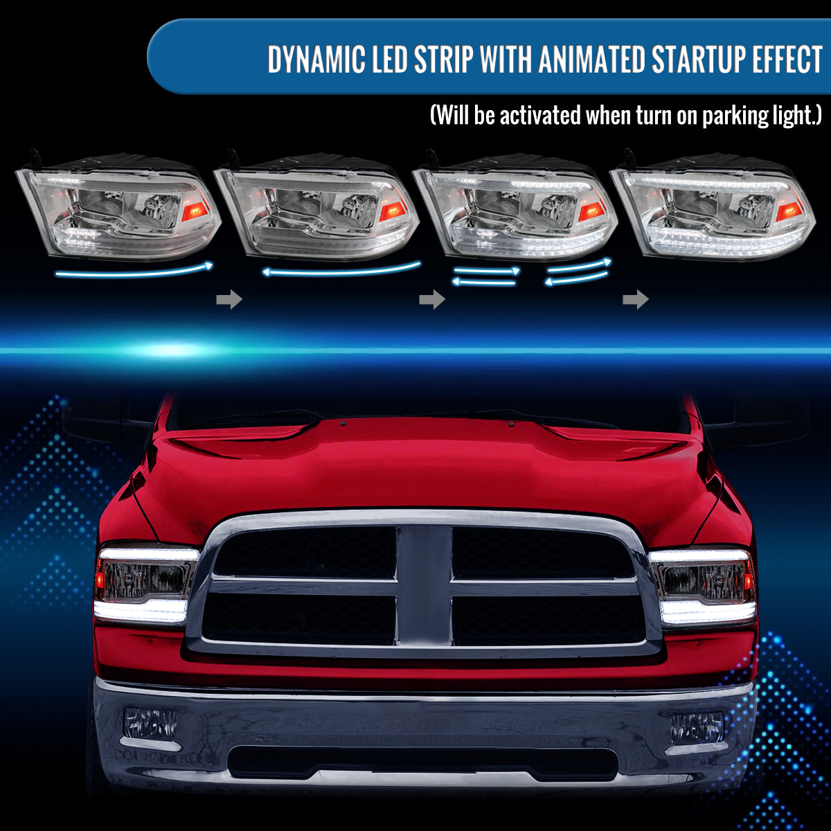 Ronnin - Fits 2009-2018 Ram 1500 2500 3500 2019-2024 Ram 1500 Classic Halogen Headlights LED Switchback Sequential Signal + Animated Startup Effect Parking Assembly Pair | Chrome