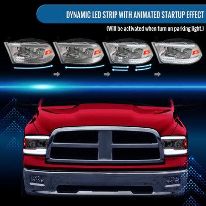 Ronnin - Fits 2009-2018 Ram 1500 2500 3500 2019-2024 Ram 1500 Classic Halogen Headlights LED Switchback Sequential Signal + Animated Startup Effect Parking Assembly Pair | Chrome