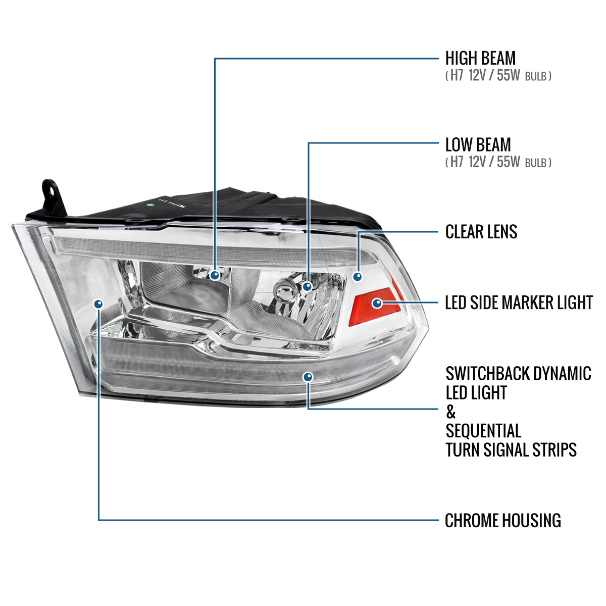 Ronnin - Fits 2009-2018 Ram 1500 2500 3500 2019-2024 Ram 1500 Classic Halogen Headlights LED Switchback Sequential Signal + Animated Startup Effect Parking Assembly Pair | Chrome