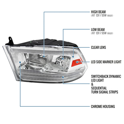 Ronnin - Fits 2009-2018 Ram 1500 2500 3500 2019-2024 Ram 1500 Classic Halogen Headlights LED Switchback Sequential Signal + Animated Startup Effect Parking Assembly Pair | Chrome