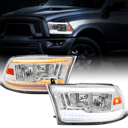 Ronnin - Fits 2009-2018 Ram 1500 2500 3500 2019-2024 Ram 1500 Classic Halogen Headlights LED Switchback Sequential Signal + Animated Startup Effect Parking Assembly Pair | Chrome