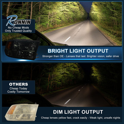 Ronnin - Fits 2009-2018 Ram 1500 2500 3500 2019-2024 Ram 1500 Classic  Factory Style Replacement Dual Quad Headlights Assembly Pair | Smoke
