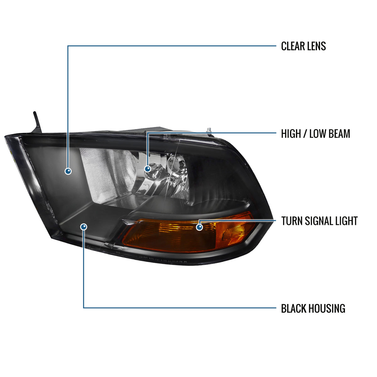 Ronnin - Fits 2009-2018 Ram 1500 2500 3500 2019-2024 Ram 1500 Classic Factory Replacement Dual Quad Headlights Assembly Pair | Black