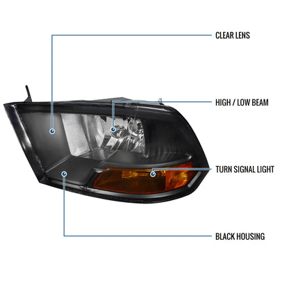 Ronnin - Fits 2009-2018 Ram 1500 2500 3500 2019-2024 Ram 1500 Classic Factory Replacement Dual Quad Headlights Assembly Pair | Black