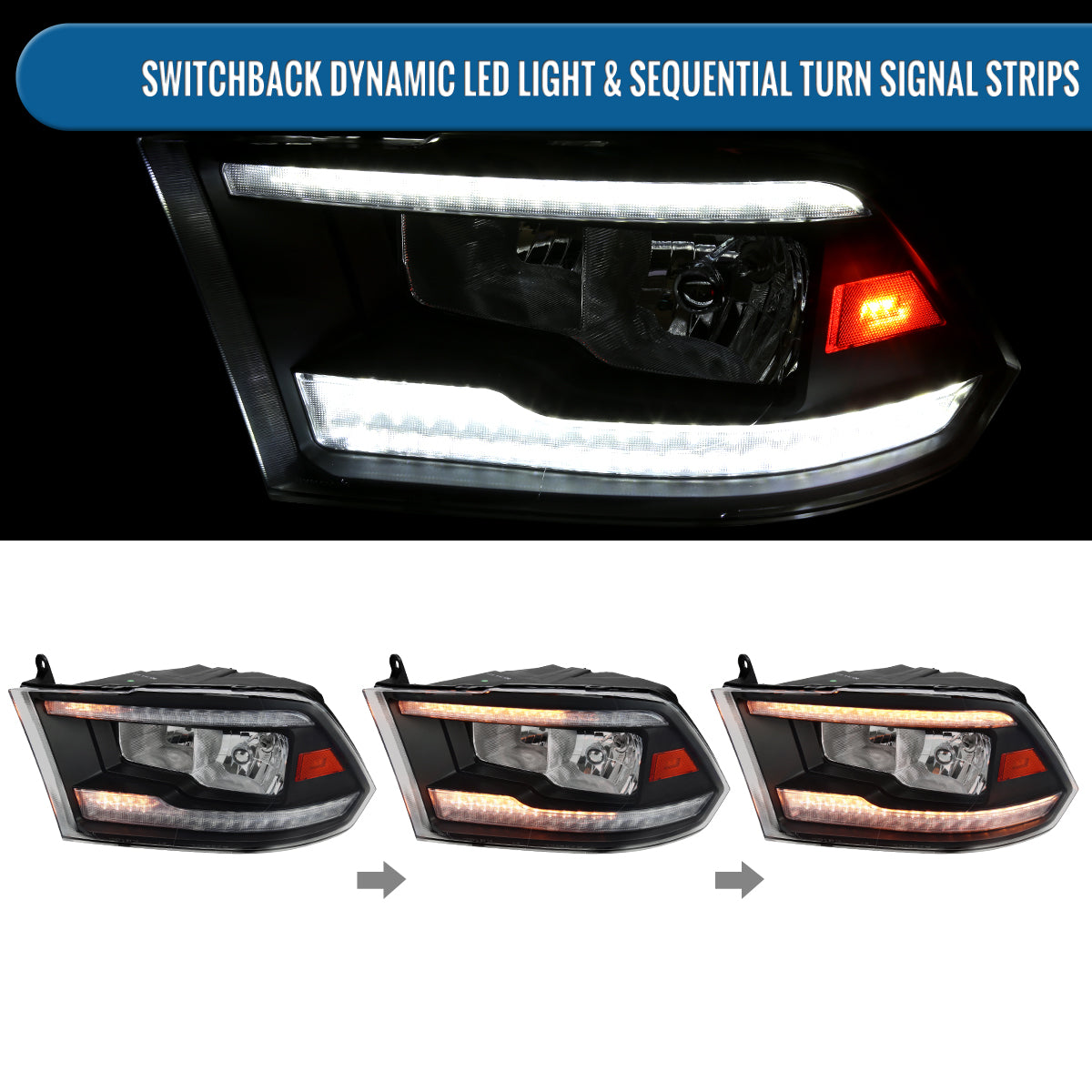 Ronnin - Fits 2009-2018 Ram 1500 2500 3500 2019-2024 Ram 1500 Classic Halogen Headlights LED Switchback Sequential Signal + Animated Startup Effect Parking Assembly Pair | Black