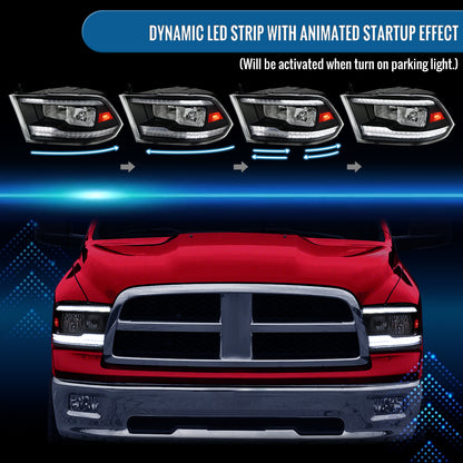 Ronnin - Fits 2009-2018 Ram 1500 2500 3500 2019-2024 Ram 1500 Classic Halogen Headlights LED Switchback Sequential Signal + Animated Startup Effect Parking Assembly Pair | Black