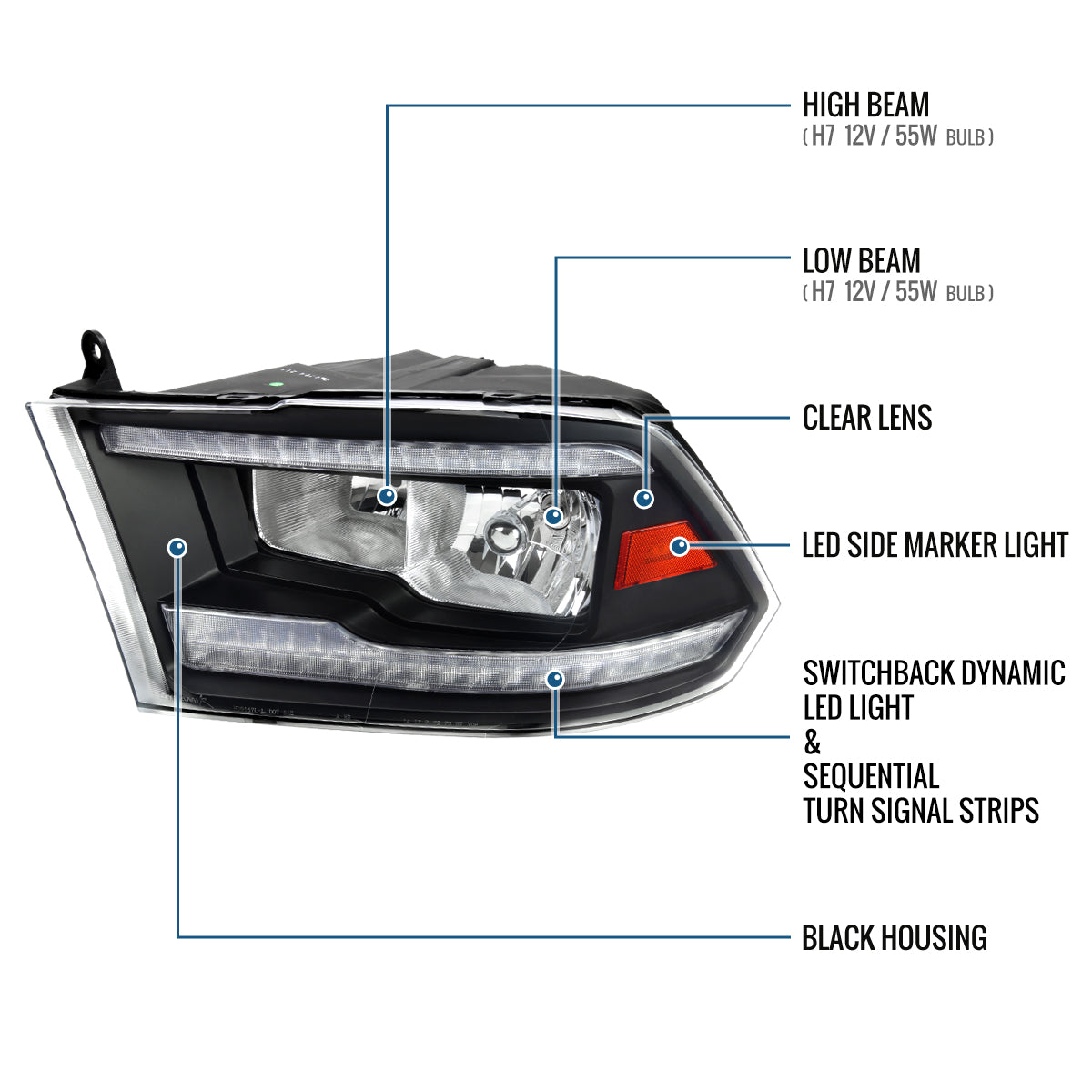 Ronnin - Fits 2009-2018 Ram 1500 2500 3500 2019-2024 Ram 1500 Classic Halogen Headlights LED Switchback Sequential Signal + Animated Startup Effect Parking Assembly Pair | Black
