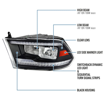Ronnin - Fits 2009-2018 Ram 1500 2500 3500 2019-2024 Ram 1500 Classic Halogen Headlights LED Switchback Sequential Signal + Animated Startup Effect Parking Assembly Pair | Black