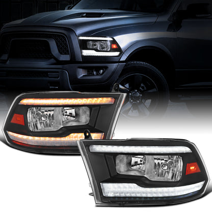 Ronnin - Fits 2009-2018 Ram 1500 2500 3500 2019-2024 Ram 1500 Classic Halogen Headlights LED Switchback Sequential Signal + Animated Startup Effect Parking Assembly Pair | Black