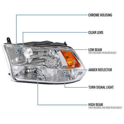 Ronnin - Fits 2009-2018 Ram 1500 2500 3500 2019-2024 Ram 1500 Classic Factory Replacement Dual Quad Headlights Assembly Pair | Chrome