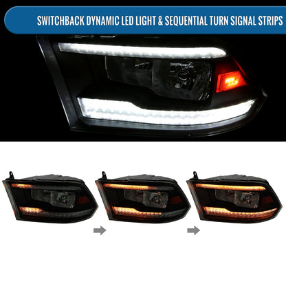 Ronnin - Fits 2009-2018 Ram 1500 2500 3500 2019-2024 Ram 1500 Classic Halogen Headlights LED Switchback Sequential Signal + Animated Startup Effect Parking Assembly Pair | Black Smoke