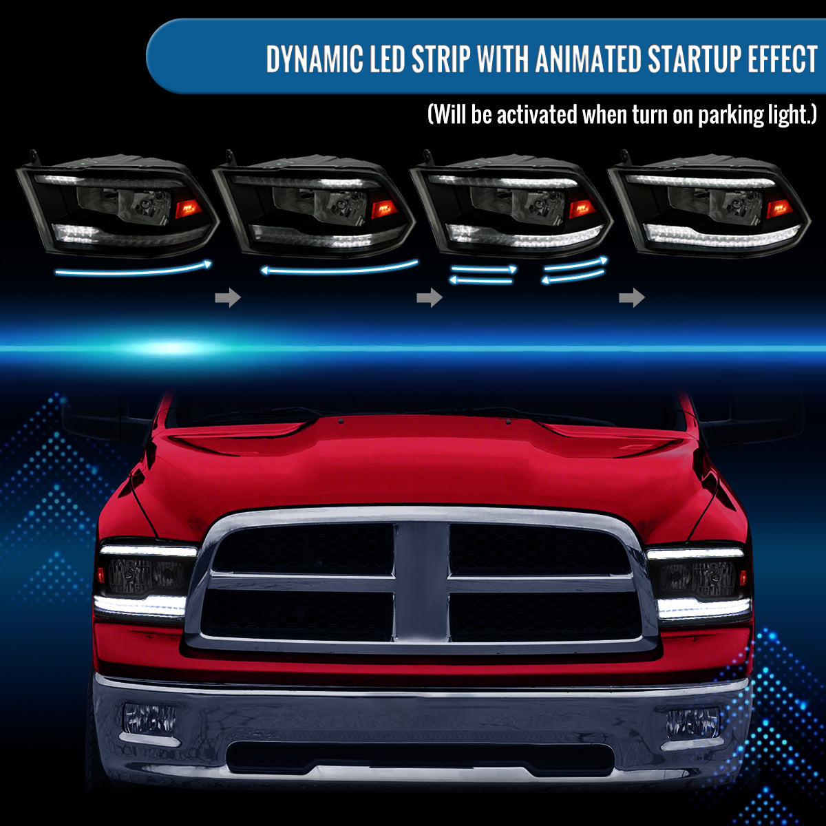 Ronnin - Fits 2009-2018 Ram 1500 2500 3500 2019-2024 Ram 1500 Classic Halogen Headlights LED Switchback Sequential Signal + Animated Startup Effect Parking Assembly Pair | Black Smoke