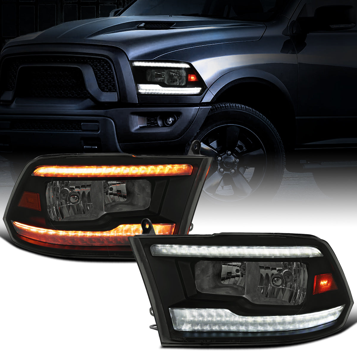 Ronnin - Fits 2009-2018 Ram 1500 2500 3500 2019-2024 Ram 1500 Classic Halogen Headlights LED Switchback Sequential Signal + Animated Startup Effect Parking Assembly Pair | Black Smoke