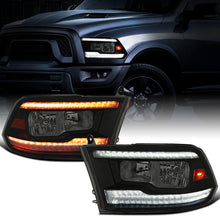Ronnin - Fits 2009-2018 Ram 1500 2500 3500 2019-2024 Ram 1500 Classic Halogen Headlights LED Switchback Sequential Signal + Animated Startup Effect Parking Assembly Pair | Black Smoke