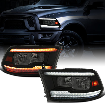 Ronnin - Fits 2009-2018 Ram 1500 2500 3500 2019-2024 Ram 1500 Classic Halogen Headlights LED Switchback Sequential Signal + Animated Startup Effect Parking Assembly Pair | Black Smoke