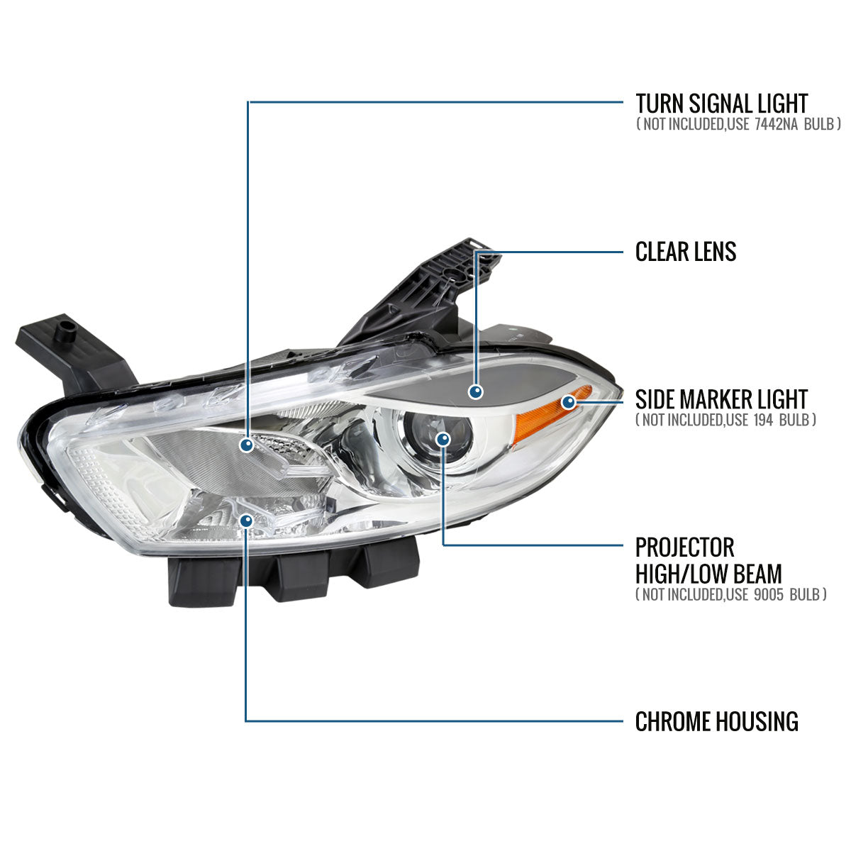 Ronnin -  Fits 2013-2016 Dodge Dart Halogen Factory Replacement Projector Headlights Assembly Pair | Chrome