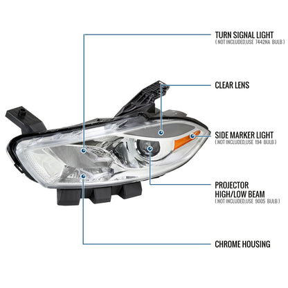 Ronnin -  Fits 2013-2016 Dodge Dart Halogen Factory Replacement Projector Headlights Assembly Pair | Chrome