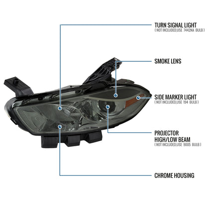 Ronnin -  Fits 2013-2016 Dodge Dart Halogen Factory Replacement Projector Headlights Assembly Pair | Smoke