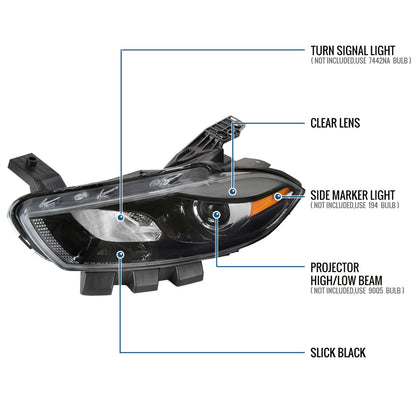 Ronnin -  Fits 2013-2016 Dodge Dart Halogen Factory Replacement Projector Headlights Assembly Pair | Black | Driver Side