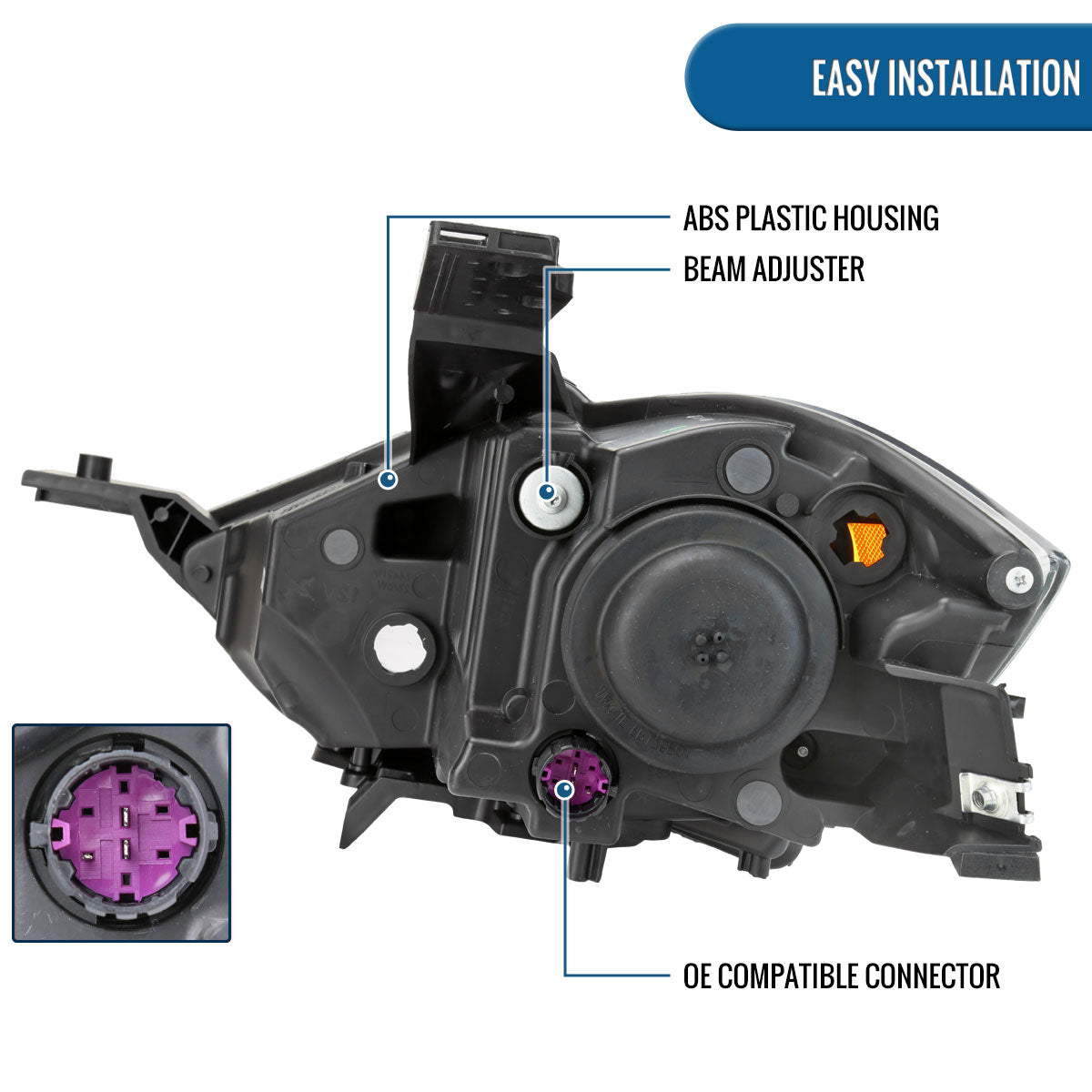 Ronnin -  Fits 2013-2016 Dodge Dart Halogen Factory Replacement Projector Headlights Assembly Pair | Black | Passenger Side