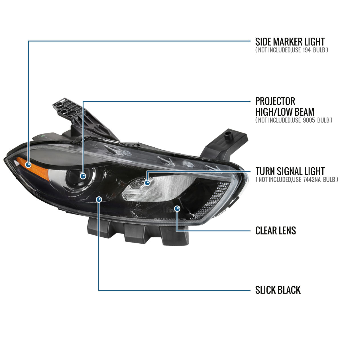 Ronnin -  Fits 2013-2016 Dodge Dart Halogen Factory Replacement Projector Headlights Assembly Pair | Black | Passenger Side