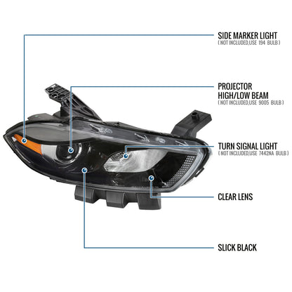 Ronnin -  Fits 2013-2016 Dodge Dart Halogen Factory Replacement Projector Headlights Assembly Pair | Black | Passenger Side