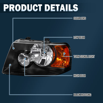 Ronnin - Compatible con Ford Expedition 2003-2006 Par de Conjuntos de Faros Delanteros de Repuesto | Negro