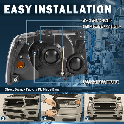 Ronnin - Compatible con Ford Expedition 2003-2006 Par de Conjuntos de Faros Delanteros de Repuesto | Negro