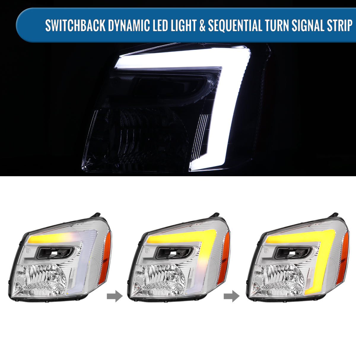 Ronnin - Fits 2005-2009 Chevy Equinox Upgraded Replacement LED Switchback Sequential Turn Signal + Animated Startup Effect Headlights Assembly Pair | Chrome