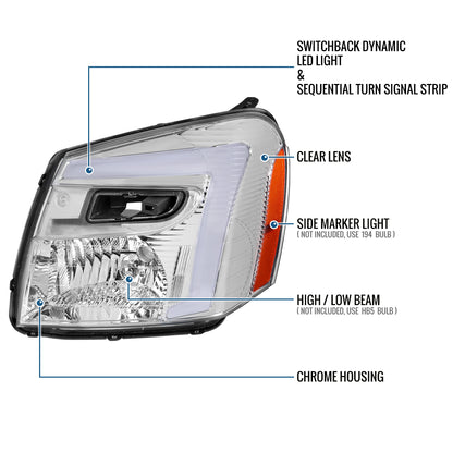 Ronnin - Fits 2005-2009 Chevy Equinox Upgraded Replacement LED Switchback Sequential Turn Signal + Animated Startup Effect Headlights Assembly Pair | Chrome