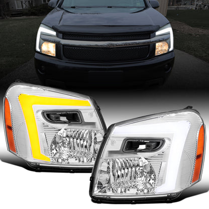 Ronnin - Fits 2005-2009 Chevy Equinox Upgraded Replacement LED Switchback Sequential Turn Signal + Animated Startup Effect Headlights Assembly Pair | Chrome