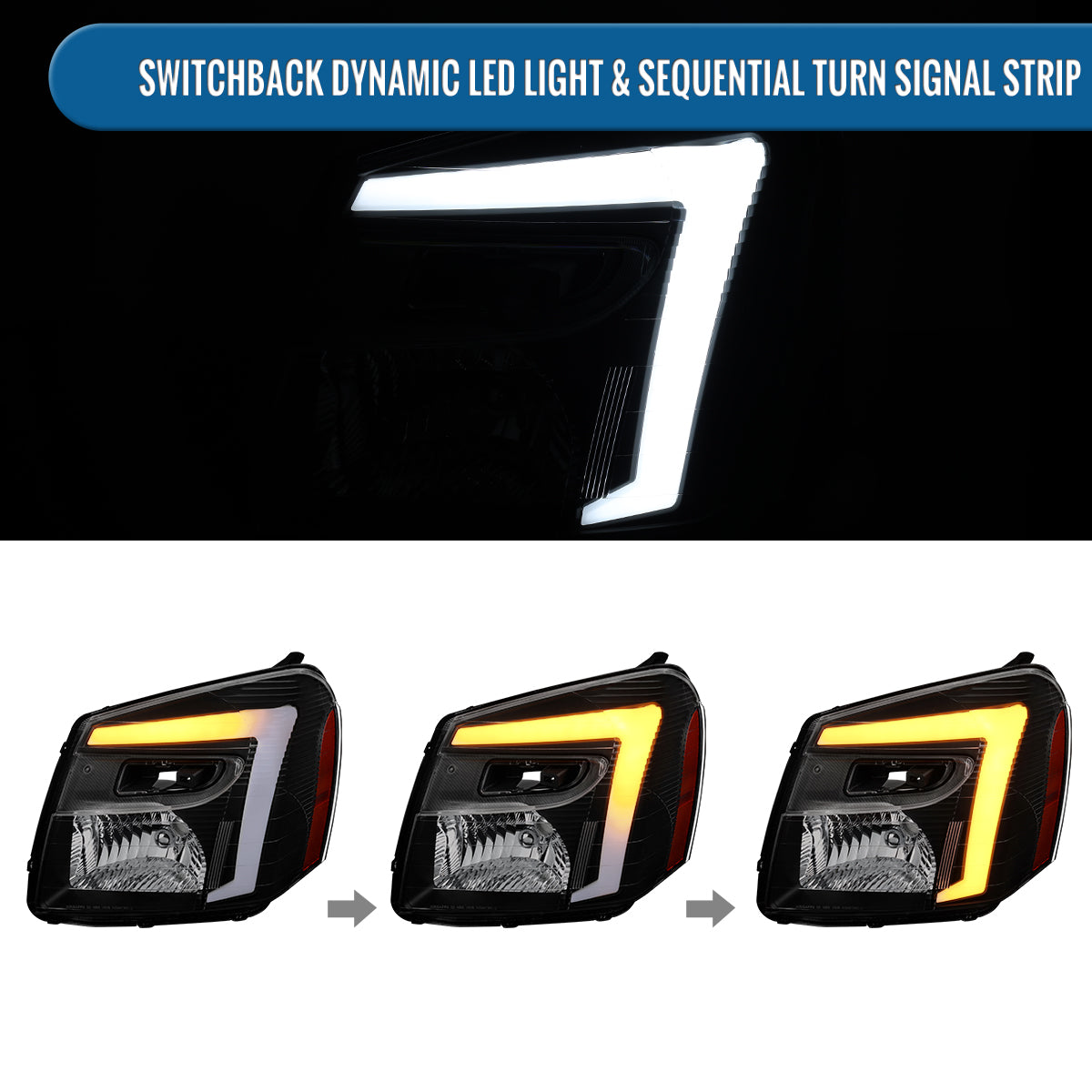 Ronnin - Fits 2005-2009 Chevy Equinox Upgraded Replacement LED Switchback Sequential Turn Signal + Animated Startup Effect Headlights Assembly Pair | Black