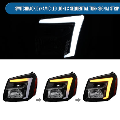 Ronnin - Fits 2005-2009 Chevy Equinox Upgraded Replacement LED Switchback Sequential Turn Signal + Animated Startup Effect Headlights Assembly Pair | Black