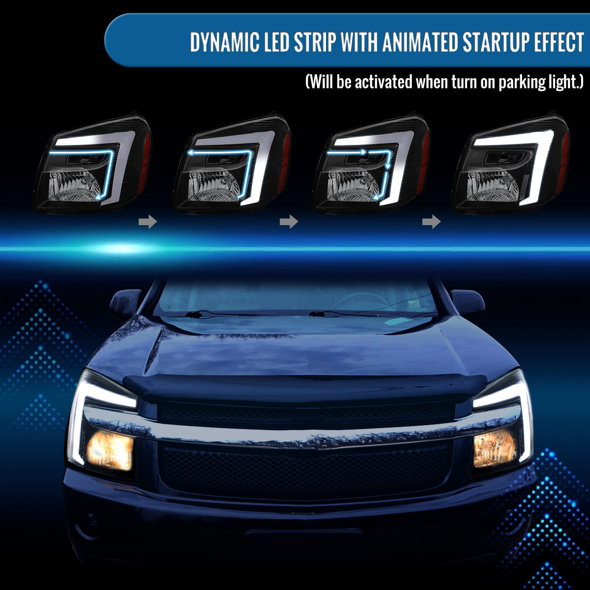 Ronnin - Fits 2005-2009 Chevy Equinox Upgraded Replacement LED Switchback Sequential Turn Signal + Animated Startup Effect Headlights Assembly Pair | Black