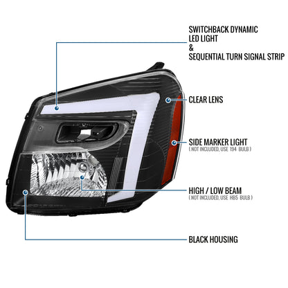 Ronnin - Fits 2005-2009 Chevy Equinox Upgraded Replacement LED Switchback Sequential Turn Signal + Animated Startup Effect Headlights Assembly Pair | Black