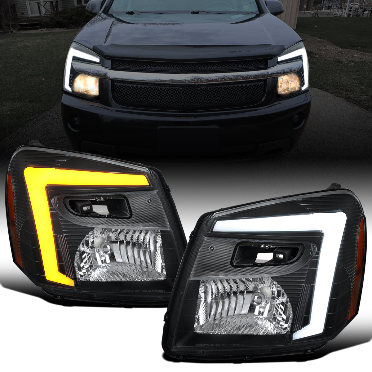 Ronnin - Fits 2005-2009 Chevy Equinox Upgraded Replacement LED Switchback Sequential Turn Signal + Animated Startup Effect Headlights Assembly Pair | Black