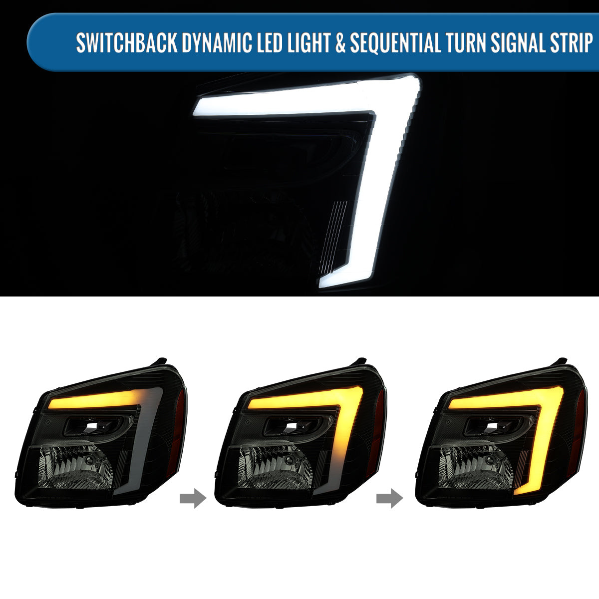 Ronnin - Fits 2005-2009 Chevy Equinox Upgraded Replacement LED Switchback Sequential Turn Signal + Animated Startup Effect Headlights Assembly Pair | Black Smoke