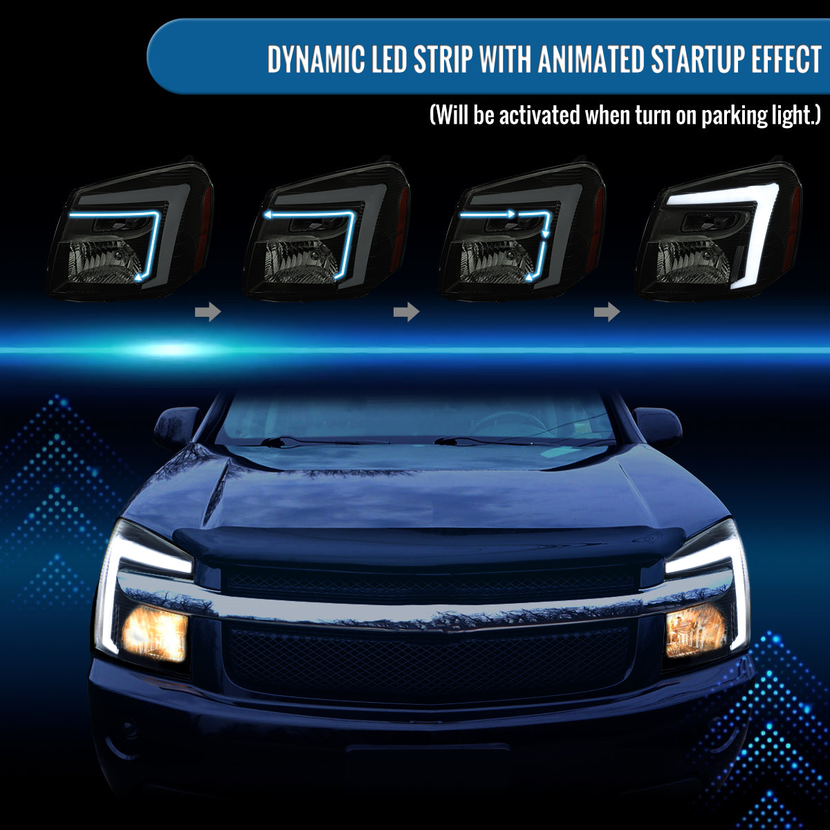 Ronnin - Fits 2005-2009 Chevy Equinox Upgraded Replacement LED Switchback Sequential Turn Signal + Animated Startup Effect Headlights Assembly Pair | Black Smoke