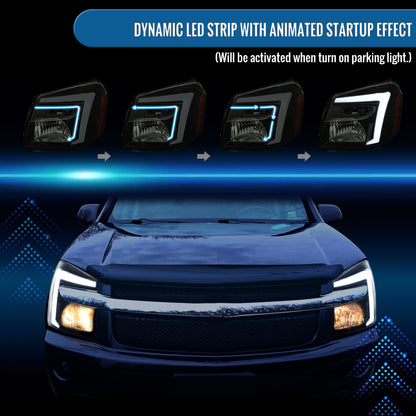 Ronnin - Fits 2005-2009 Chevy Equinox Upgraded Replacement LED Switchback Sequential Turn Signal + Animated Startup Effect Headlights Assembly Pair | Black Smoke