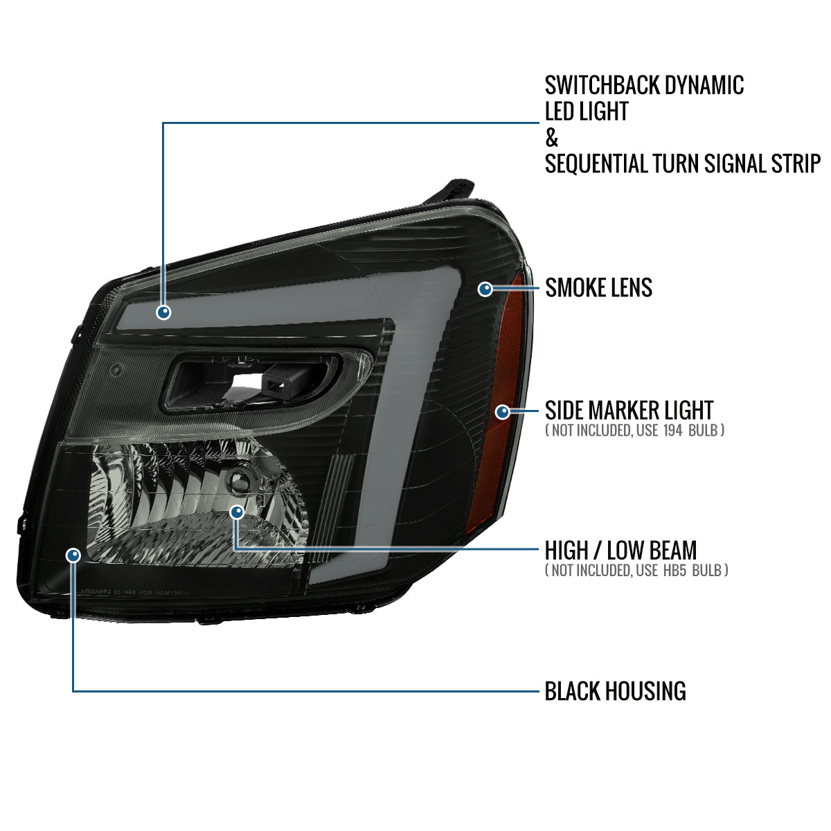 Ronnin - Fits 2005-2009 Chevy Equinox Upgraded Replacement LED Switchback Sequential Turn Signal + Animated Startup Effect Headlights Assembly Pair | Black Smoke