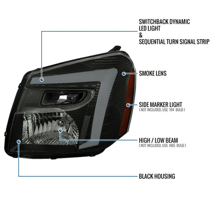 Ronnin - Fits 2005-2009 Chevy Equinox Upgraded Replacement LED Switchback Sequential Turn Signal + Animated Startup Effect Headlights Assembly Pair | Black Smoke