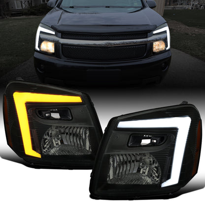 Ronnin - Fits 2005-2009 Chevy Equinox Upgraded Replacement LED Switchback Sequential Turn Signal + Animated Startup Effect Headlights Assembly Pair | Black Smoke
