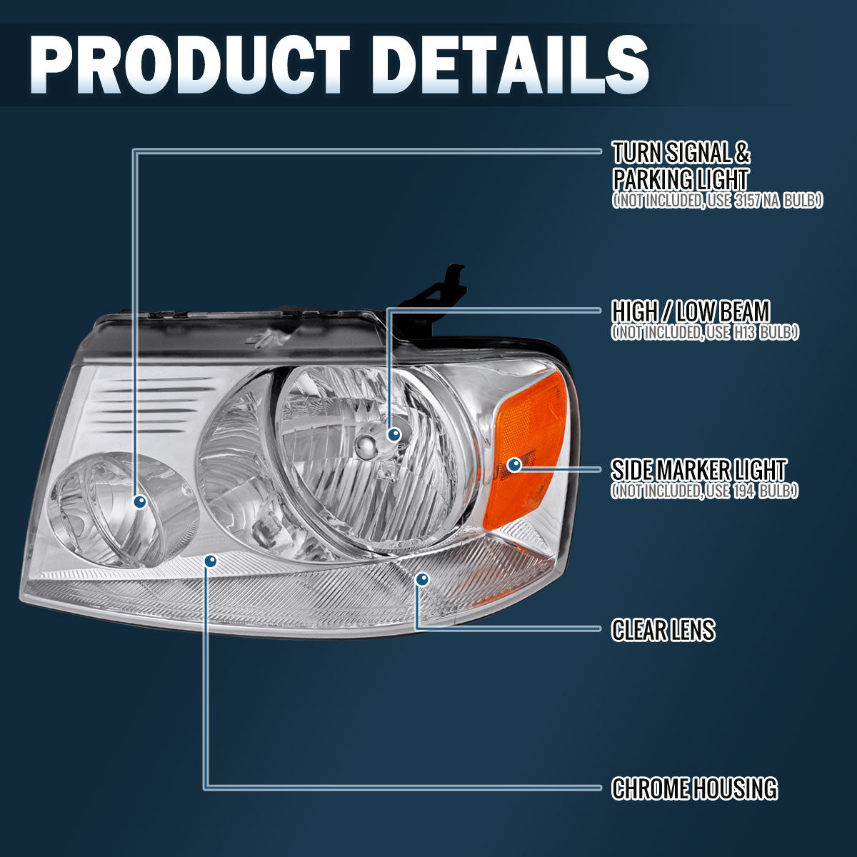 Ronnin - Compatible con Ford F150 2004-2008 Lincoln Mark LT | Par de conjuntos de faros halógenos de repuesto | Cromado